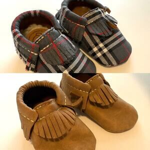 First Steps Baby Fringe Moccasin Shoe Set In Plaid Brown Size 6-12 Months
